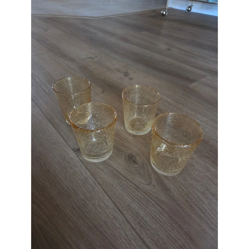 Vintage MCM Amber Seeded Bubble Hand Blown Whiskey Glasses Tumblers Set of 4